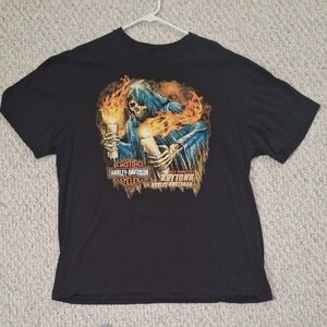 Harley-Davidson Black Tee with Flaming Skeleton Design